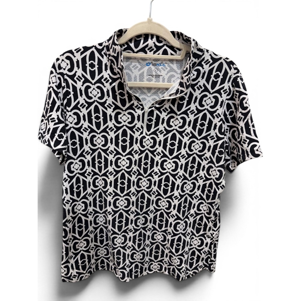 IBKUL Womens Large Black White Geometric Quarter Zip Short Sleeve Cooling Top